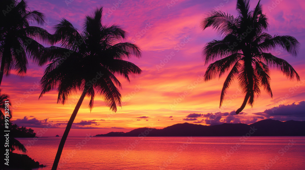 A brilliant tropical sunset with a gradient of vivid oranges and reds blending into a soft lavender sky, silhouetting distant islands and palm trees. A brilliant tropical sunset with a gradient of vivid oranges and reds blending into a soft lavender sky, silhouetting distant islands and palm trees.