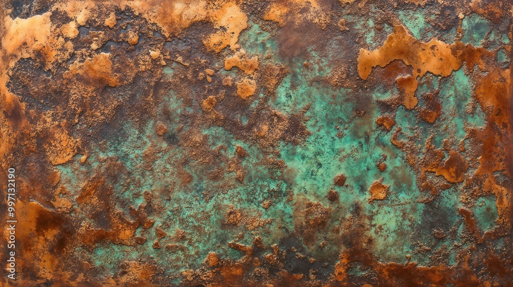 Raw Copper Sheet with Metallic Patina Spots and Tarnished Green Areas Raw Copper Sheet with Metallic Patina Spots and Tarnished Green Areas