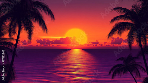A vibrant tropical sunset with a gradient from orange to deep purple, casting warm hues over a tranquil ocean with palm tree silhouettes in the foreground.