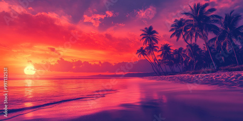 A vibrant tropical sunset with a gradient sky blending shades of red, orange, and violet, illuminating a tranquil beach scene with palm trees.