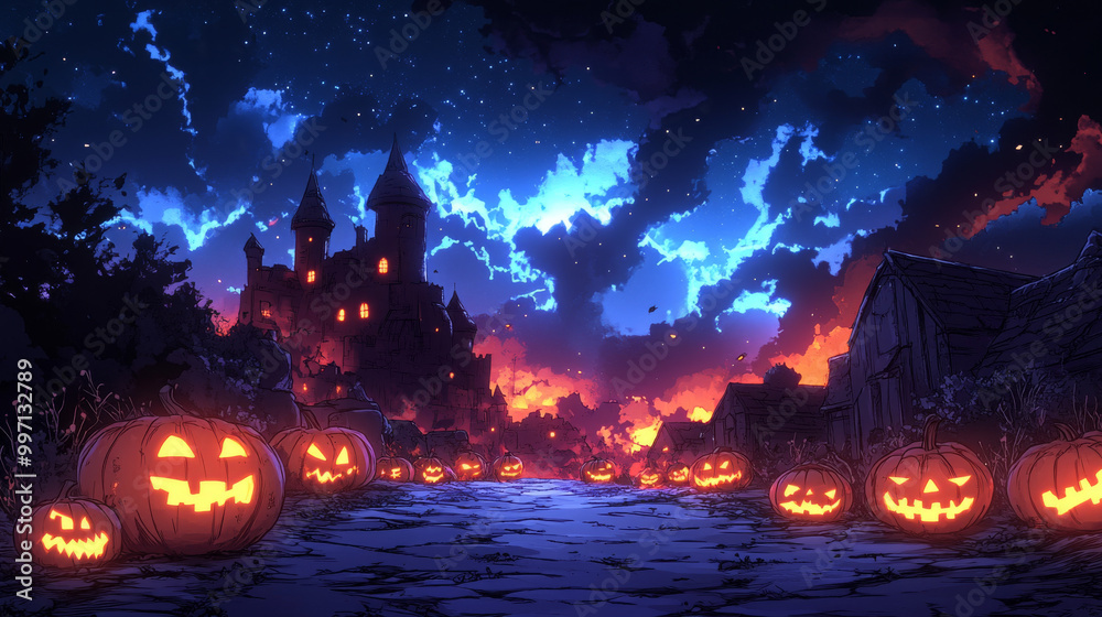 Spooky Halloween scene with a spooky castle in the distance and glowing pumpkins