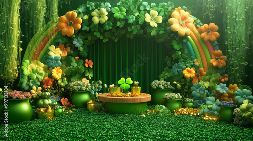 A podium surrounded by green clover decorations, pots of gold, and rainbow-themed elements, creating a festive Saint Patrickâ€™s Day atmosphere.