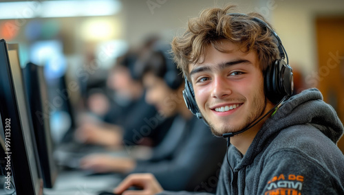 Wearing a headset and working at a computer, young man working in customer service.