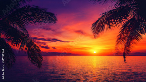 A vibrant tropical sunset with a gradient from orange to deep purple, casting warm hues over a tranquil ocean with palm tree silhouettes in the foreground.