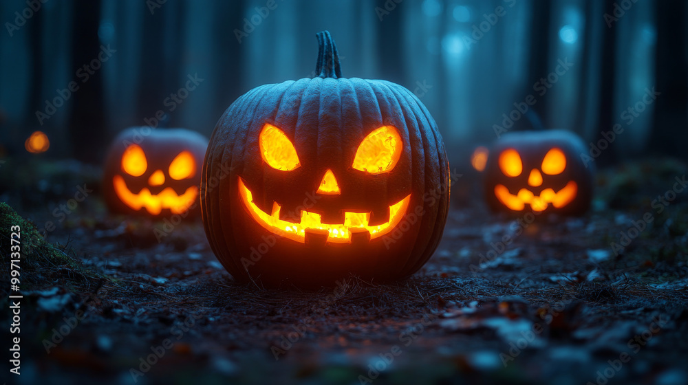 A jack-o-lantern glows in a dark forest, surrounded by other carved pumpkins. A jack-o-lantern glows in a dark forest, surrounded by other carved pumpkins.