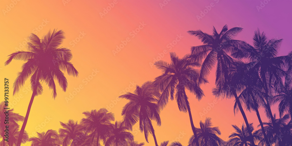 A gradient sky from warm orange to cool violet at sunset, with palm trees swaying gently in the tropical breeze against the horizon. A gradient sky from warm orange to cool violet at sunset, with palm trees swaying gently in the tropical breeze against the horizon.