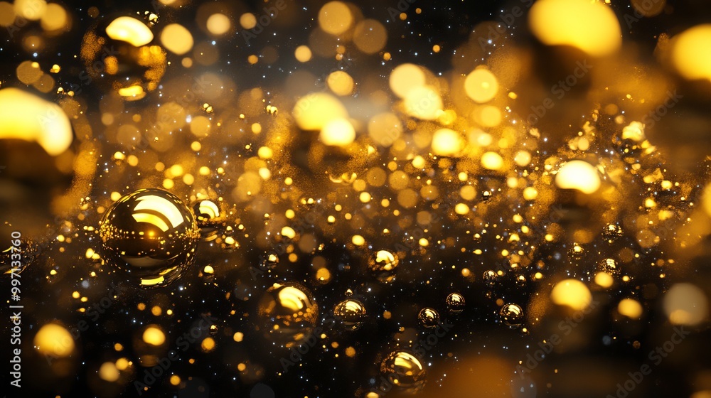 Lifelike 3D image of sparkling gold water droplets Lifelike 3D image of sparkling gold water droplets