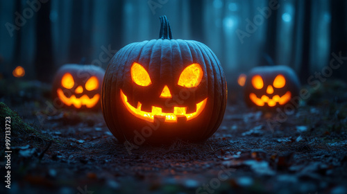 A jack-o-lantern glows in a dark forest, surrounded by other carved pumpkins.