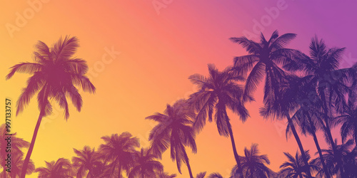 A gradient sky from warm orange to cool violet at sunset, with palm trees swaying gently in the tropical breeze against the horizon.