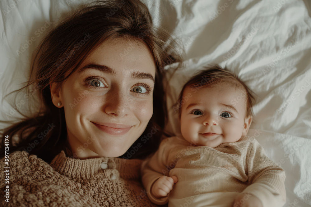 Newborn baby and mother smiling at the camera, top view. Happy young woman holding a newborn. Newborn baby and mother smiling at the camera, top view. Happy young woman holding a newborn.