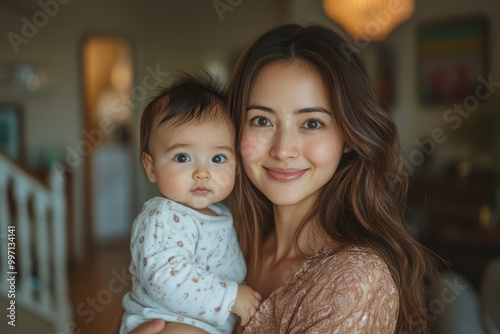 Newborn baby and mother smiling at the camera. Happy young woman holding a newborn.