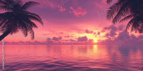 A smooth gradient sky from deep pink to soft orange and purple, with a tropical sunset over calm waters and palm trees swaying in the breeze.
