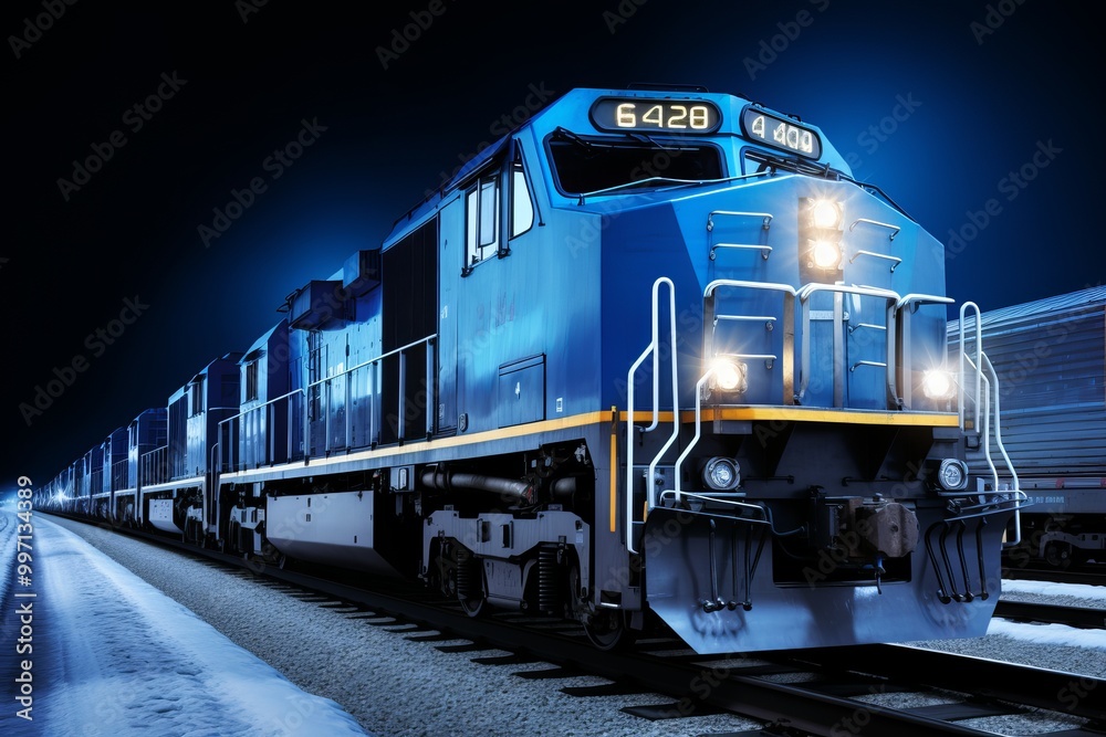 Nighttime freight train passing through a snowy landscape under bright blue lights Nighttime freight train passing through a snowy landscape under bright blue lights