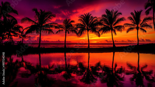 A tropical sunset with fiery oranges and reds transitioning into cooler purples, silhouetting palm trees and reflecting on calm beach waters.