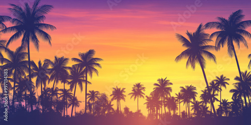 A gradient sky from golden yellow to soft purple, casting a warm glow over the tropical sunset. Silhouettes of palm trees complete the serene scene.