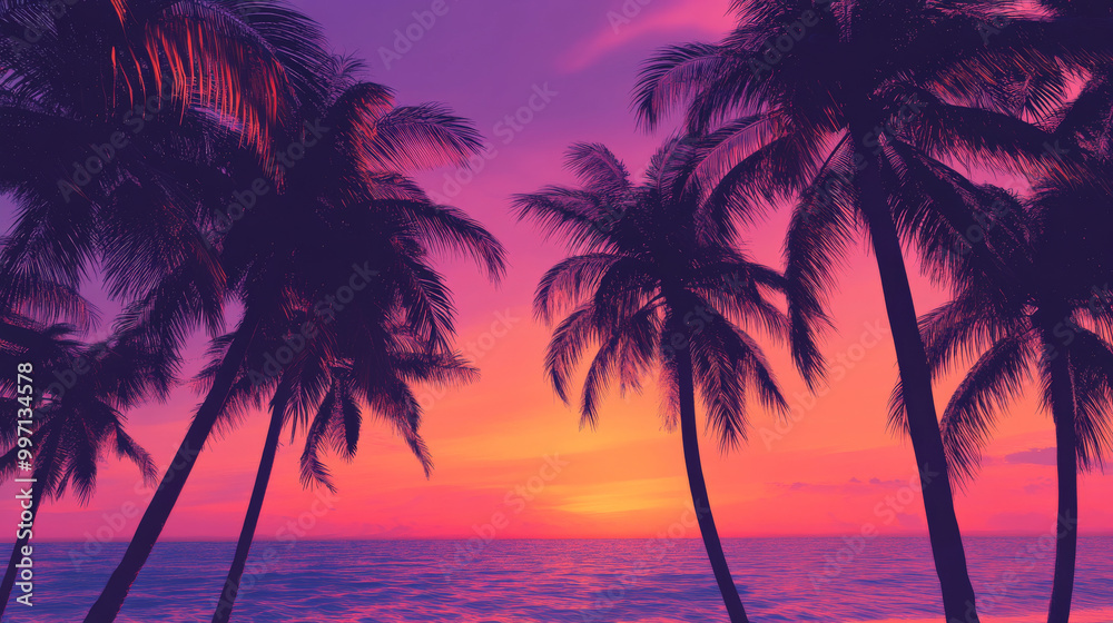 A tropical sunset with a gradient sky fading from bright orange to soft pink and violet, with coconut palm trees casting shadows across the beach.