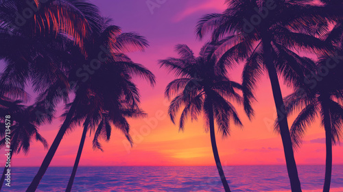 A tropical sunset with a gradient sky fading from bright orange to soft pink and violet, with coconut palm trees casting shadows across the beach.