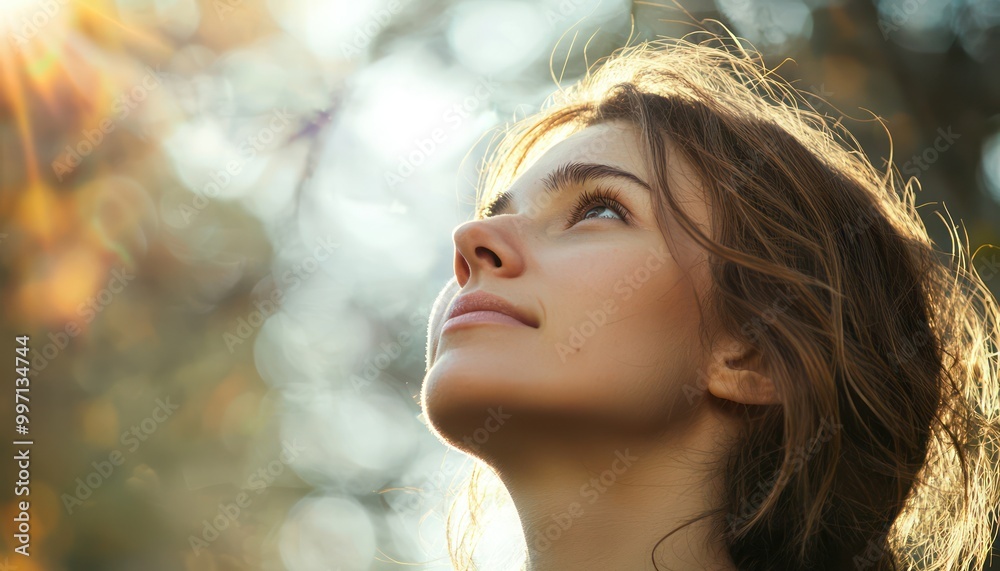 Close-up portrait of a woman gazing upwards, capturing introspection. Close-up portrait of a woman gazing upwards, capturing introspection.