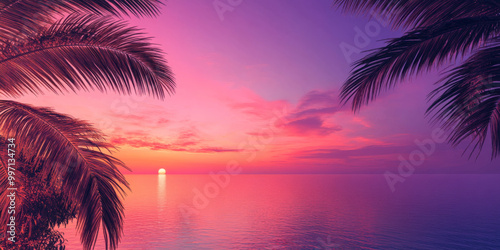 A smooth gradient sky from deep pink to soft orange and purple, with a tropical sunset over calm waters and palm trees swaying in the breeze.