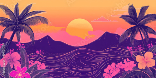 A hand-drawn tropical sunset with bold outlines of flowers, palm trees, and swirling waves in soft pastel colors of pink, purple, and orange, evoking a dreamy, exotic vibe.