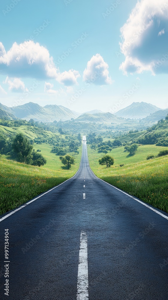 Naklejka premium Wide open road leading into the horizon with clear blue sky and white clouds