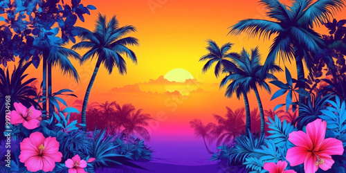 A hand-drawn tropical sunset scene with colorful palm trees, hibiscus, and bright pink flowers, set against a gradient sunset in orange, purple, and blue tones.