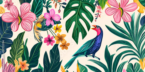 A tropical jungle scene drawn with bright, hand-drawn palm leaves, exotic birds, and lush flowers in a mix of pinks, greens, and yellows, outlined in bold strokes.