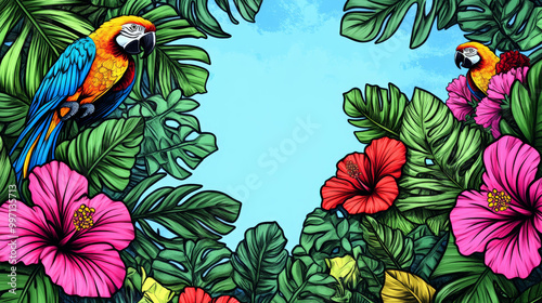A hand-drawn tropical jungle with vibrant green leaves, bright pink hibiscus flowers, and colorful parrots, outlined in bold black strokes against a blue sky.