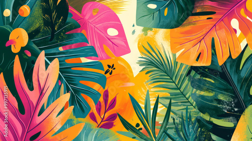 A playful hand-drawn tropical background with abstract birds, oversized palm leaves, and swirls of color in bold pinks, oranges, and greens, creating an energetic, exotic vibe.