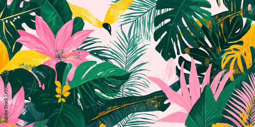 A tropical jungle scene drawn with bright, hand-drawn palm leaves, exotic birds, and lush flowers in a mix of pinks, greens, and yellows, outlined in bold strokes.