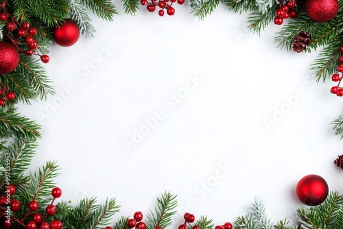 Christmas frame on white background. Top view, flat lay with copy space for text
