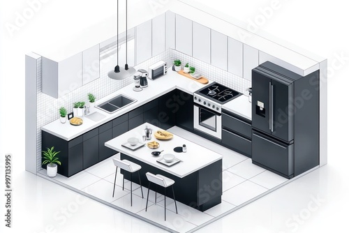 Contemporary kitchen with high-gloss cabinets, illustrated in an isometric 3D render, on an isolated white background.