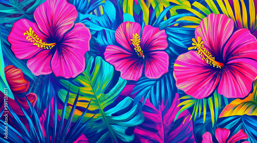 A vibrant hand-drawn tropical paradise with bold abstract palm leaves, colorful hibiscus flowers, and swirling patterns in bright neon pinks and blues.