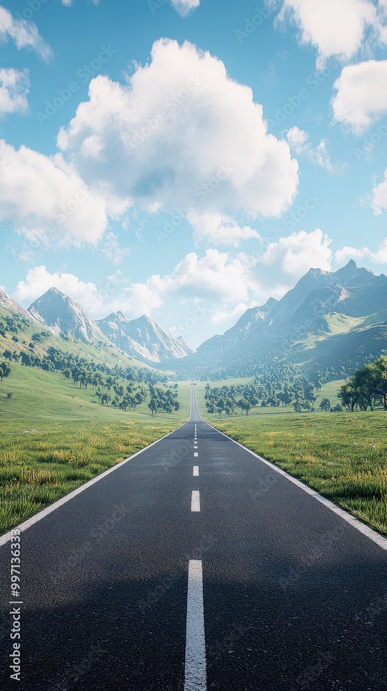 Fototapeta premium Wide open road leading into the horizon with clear blue sky and white clouds