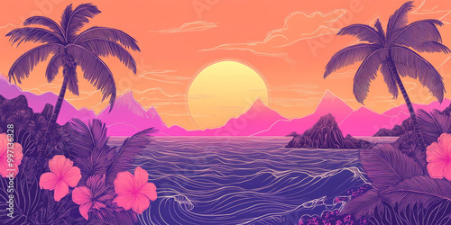 A hand-drawn tropical sunset with bold outlines of flowers, palm trees, and swirling waves in soft pastel colors of pink, purple, and orange, evoking a dreamy, exotic vibe.