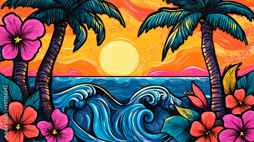 A playful hand-drawn tropical sunset scene with palm trees, swirling waves, and hibiscus flowers in bright colors of orange, pink, and blue, outlined with bold black strokes.