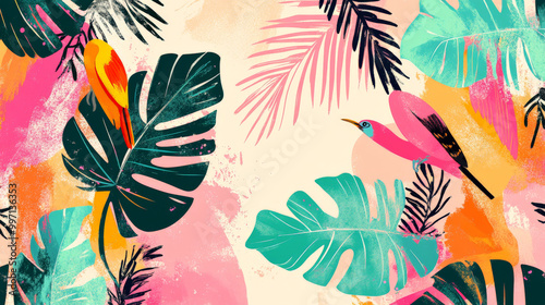A playful hand-drawn tropical background with abstract birds, oversized palm leaves, and swirls of color in bold pinks, oranges, and greens, creating an energetic, exotic vibe.