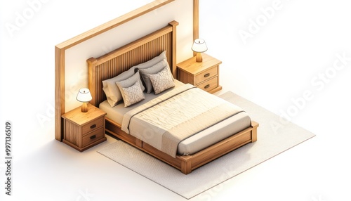 Cozy guest room with a queen-sized bed and nightstands, shown in a top-down isometric 3D render, on an isolated white background. photo