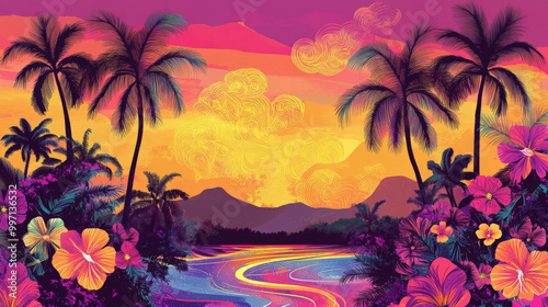 A hand-drawn tropical sunset with vibrant palm trees, exotic flowers, and swirling patterns in shades of pink, yellow, and purple, creating a dreamy, exotic atmosphere.