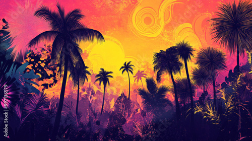 A hand-drawn tropical sunset with vibrant palm trees, exotic flowers, and swirling patterns in shades of pink, yellow, and purple, creating a dreamy, exotic atmosphere.