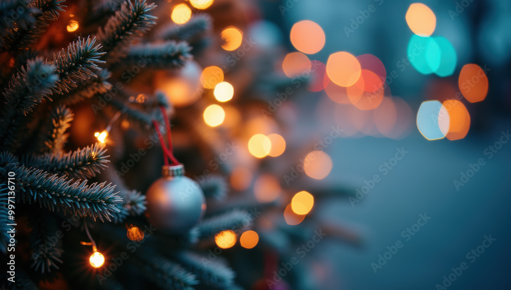 Decorated Christmas tree with lights and ornaments at dusk in the city Decorated Christmas tree with lights and ornaments at dusk in the city