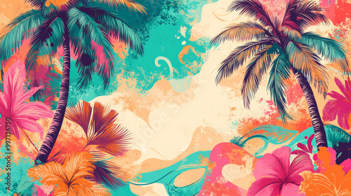 A hand-drawn tropical background with vibrant palm trees, exotic flowers, and swirling patterns in bright shades of pink, orange, and teal, creating a playful and energetic atmosphere.