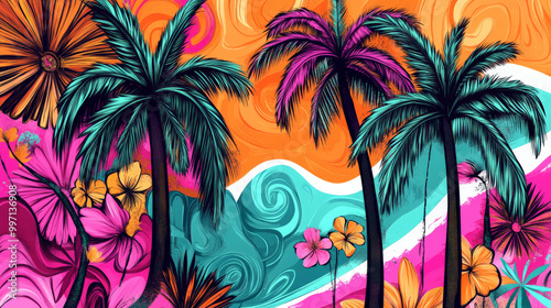 A hand-drawn tropical background with vibrant palm trees, exotic flowers, and swirling patterns in bright shades of pink, orange, and teal, creating a playful and energetic atmosphere.