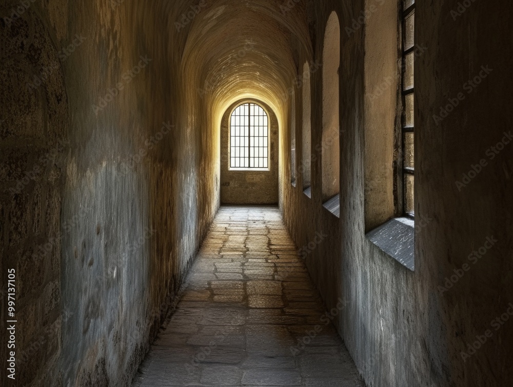 A narrow, long corridor at the end of which there is a bright window. AI generative. A narrow, long corridor at the end of which there is a bright window. AI generative.