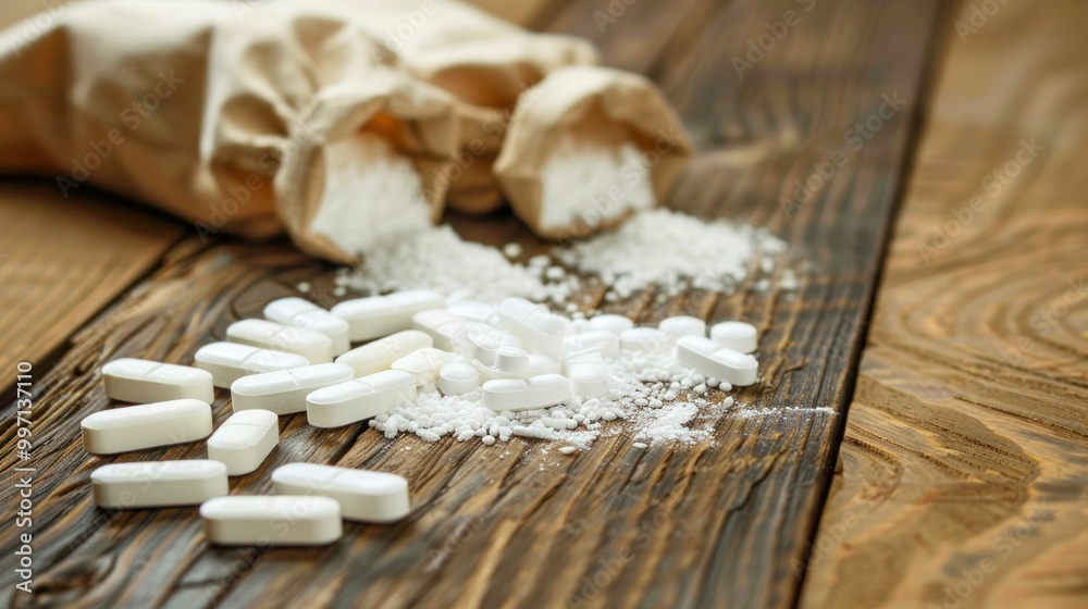White pills and powder spilled from paper bags on a rustic wooden surface, creating a dramatic scene about pharmaceuticals, health, and wellness with a natural feel