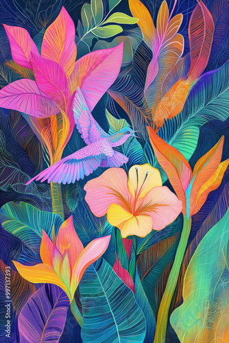 A vibrant hand-drawn tropical landscape with bright leaves, birds of paradise, and exotic flowers in neon colors of pink, orange, and yellow, framed by abstract swirls.