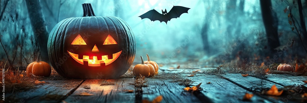 Candlelit Jack O Lantern Pumpkin on Wood Porch with Spooky Forest Background and cute Bat and Autumn Leaves Candlelit Jack O Lantern Pumpkin on Wood Porch with Spooky Forest Background and cute Bat and Autumn Leaves