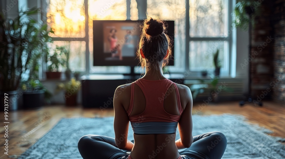 A person practicing yoga at home, watching a video lesson on TV. A person practicing yoga at home, watching a video lesson on TV.