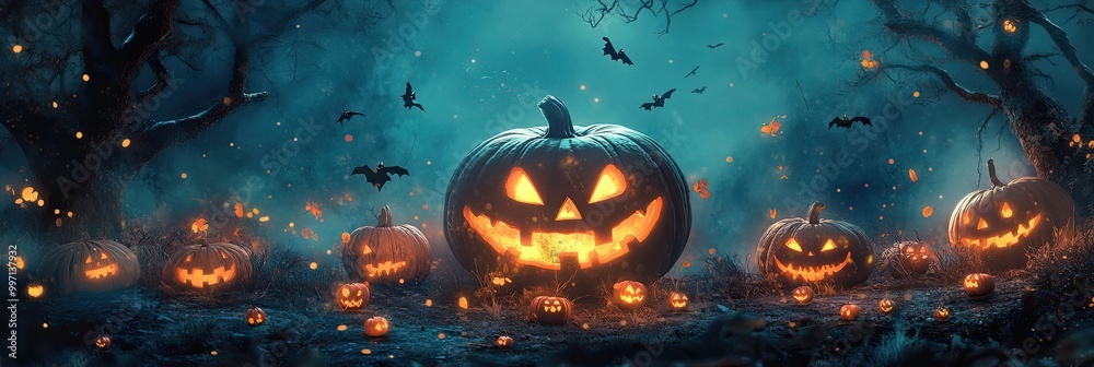 Naklejka premium Scary JackOLanterns at Night Lit Up with Candle - Dark Spooky Forest Background - Halloween Abstract Banner