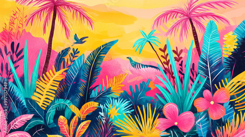 A hand-drawn tropical landscape with colorful palm fronds, exotic flowers, and birds in bold neon colors of pink, yellow, and teal, set against a bright sunset sky.
